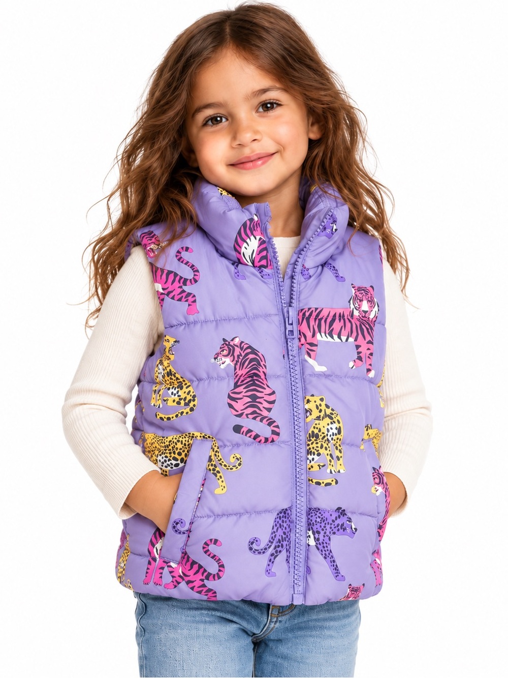 H&M Girls Purple Tiger Leopard Print Puffer Vest Size 3–4Y
